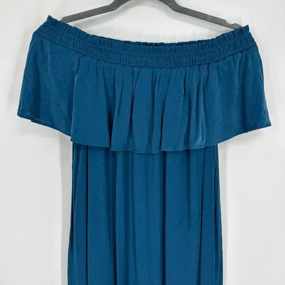 3/$25 LOFT Beach Maxi Dress S Off Shoulder Tiered Silky Flowy Ruffle Teal Long - Picture 6 of 8